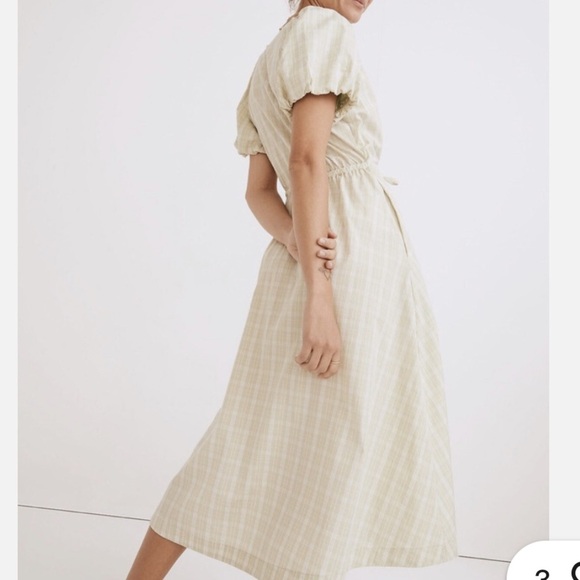 MADEWELL Green Cream Plaid Gingham Tie Waist Midi Dress Puff Sleeve V Neck M - Picture 3 of 11